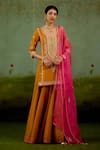 Buy_Shyam Narayan Prasad_Rust Brocade, Organza Embroidery, Beads, Zari Round Zardozi Kurta Sharara Set _at_Aza_Fashions