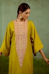 Shop Shyam Narayan Prasad Olive Green Silk Embroidery, Zari Round Neck Zardozi Kurta And Pant Set Online at Aza Fashions Shop_Shyam Narayan Prasad_Olive Green Silk Embroidery, Zari Round Neck Zardozi Kurta And Pant Set _Online_at_Aza_Fashions