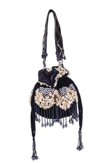 Shop_Nazaakat By Samara Singh_Black Beads, Pearls, Stones, Tassels Beaded And Embellished Potli Bag _at_Aza_Fashions
