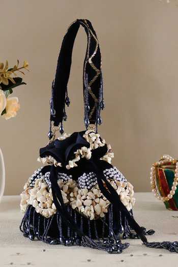 Buy_Nazaakat By Samara Singh_Black Beads, Pearls, Stones, Tassels Beaded And Embellished Potli Bag _at_Aza_Fashions