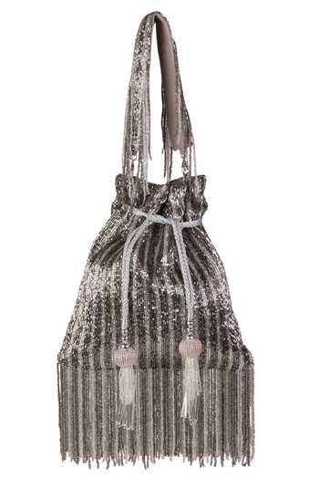 Shop_Nazaakat By Samara Singh_Silver Beads, Tassels, Fringe Beaded Striped Potli Bag With _at_Aza_Fashions