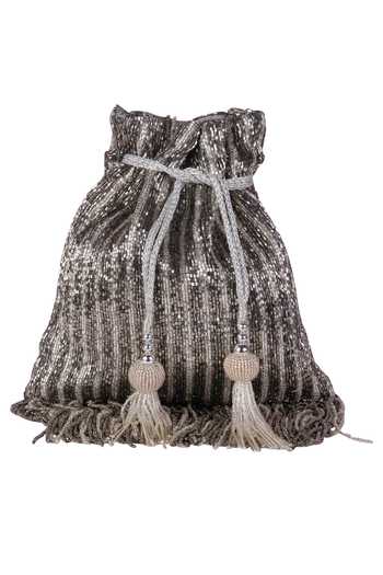 Shop_Nazaakat By Samara Singh_Silver Beads, Tassels, Fringe Beaded Striped Potli Bag With _Online_at_Aza_Fashions