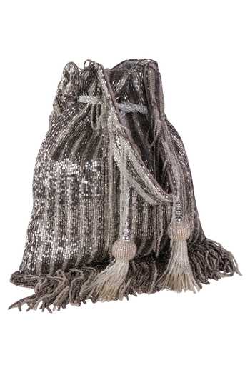 Nazaakat By Samara Singh_Silver Beads, Tassels, Fringe Beaded Striped Potli Bag With _at_Aza_Fashions