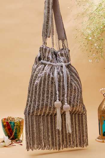 Buy_Nazaakat By Samara Singh_Silver Beads, Tassels, Fringe Beaded Striped Potli Bag With _at_Aza_Fashions