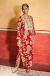 Shop_Tasuvure Indes_Red Silk Embroidery V-neck Elizey Paisley Kaftan _at_Aza_Fashions