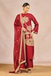 Buy_Masaba_Red Silk, Organza Embroidery, Metallic Thread Round Lal Chaand Kinara Kurta Set _at_Aza_Fashions