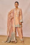 Buy_Masaba_Pink Tissue Embroidery, Patchwork, Zari, Sequins V-neck Chandni Kurta Set _at_Aza_Fashions