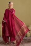 Vaaya_Fuchsia Brocade, Silk Zari Round Neck Banarasi Woven Kurta And Pant Set _Online_at_Aza_Fashions