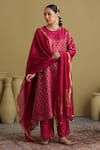 Buy_Vaaya_Fuchsia Brocade, Silk Zari Round Neck Banarasi Woven Kurta And Pant Set _Online_at_Aza_Fashions