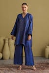 Vaaya_Blue Brocade, Silk Zari V-neck Banarasi Kurta And Pant Set _Online_at_Aza_Fashions
