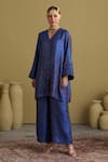 Buy_Vaaya_Blue Brocade, Silk Zari V-neck Banarasi Kurta And Pant Set _Online_at_Aza_Fashions