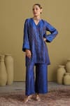 Buy_Vaaya_Blue Brocade, Silk Zari V-neck Banarasi Kurta And Pant Set _at_Aza_Fashions
