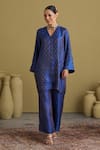 Shop_Vaaya_Blue Brocade, Silk Zari V-neck Banarasi Kurta And Pant Set _Online_at_Aza_Fashions