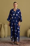 Buy_Vaaya_Navy Brocade, Silk, Tissue Piping Split V-neck Polka Dot Kurta And Pant Set _at_Aza_Fashions