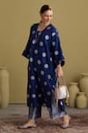 Vaaya_Navy Brocade, Silk, Tissue Piping Split V-neck Polka Dot Kurta And Pant Set _Online_at_Aza_Fashions