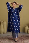 Buy_Vaaya_Navy Brocade, Silk, Tissue Piping Split V-neck Polka Dot Kurta And Pant Set _Online_at_Aza_Fashions