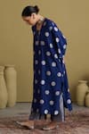 Shop_Vaaya_Navy Brocade, Silk, Tissue Piping Split V-neck Polka Dot Kurta And Pant Set _Online_at_Aza_Fashions