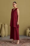 Vaaya_Burgundy Silk, Handloom Cotton V-neck Handwoven Sleeveless Tunic And Pant Set _Online_at_Aza_Fashions