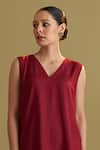 Buy_Vaaya_Burgundy Silk, Handloom Cotton V-neck Handwoven Sleeveless Tunic And Pant Set _Online_at_Aza_Fashions
