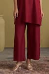 Shop_Vaaya_Burgundy Silk, Handloom Cotton V-neck Handwoven Sleeveless Tunic And Pant Set _Online_at_Aza_Fashions