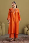 Vaaya_Orange Chanderi Silk Embroidery, Sequins, Metallic Thread, And Resham Kurta Set _Online_at_Aza_Fashions