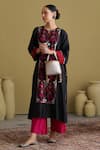 Vaaya_Black Cotton Embroidery Round Handwoven Ikat And Kacha Tanka Kurta & Pant Set _Online_at_Aza_Fashions
