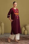 Shop_Vaaya_Red Silk, Chanderi Embroidery, Mirrors Round Neck Handwoven Kurta _Online_at_Aza_Fashions