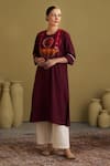 Vaaya_Red Silk, Chanderi Embroidery, Mirrors Round Neck Handwoven Kurta _at_Aza_Fashions