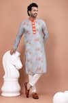 Buy_Priyanka Haralalka_Gray Cotton Embroidery Geometrical Print Kurta And Pyjama Set _at_Aza_Fashions