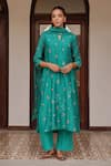 Buy_Vaayu_Teal Muslin, Cotton Embroidery, Applique, Tassels Split V-neck Bloom Kurta Set _at_Aza_Fashions