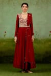 Buy Shyam Narayan Prasad Maroon Chinon, Silk, Organza Embroidery, Zari, Tassels V-neck Anarkali Set at Aza Fashions Buy_Shyam Narayan Prasad_Maroon Chinon, Silk, Organza Embroidery, Zari, Tassels V-neck Anarkali Set _at_Aza_Fashions
