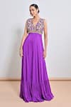Buy_Keith Gomes_Purple Chiffon, Crepe Embroidery, Beads, Zari V-neck Zardozi Flare Jumpsuit _at_Aza_Fashions