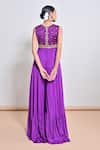 Shop_Keith Gomes_Purple Chiffon, Crepe Embroidery, Beads, Zari V-neck Zardozi Flare Jumpsuit _at_Aza_Fashions