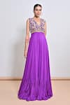 Buy_Keith Gomes_Purple Chiffon, Crepe Embroidery, Beads, Zari V-neck Zardozi Flare Jumpsuit _Online_at_Aza_Fashions