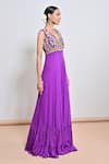 Shop_Keith Gomes_Purple Chiffon, Crepe Embroidery, Beads, Zari V-neck Zardozi Flare Jumpsuit _Online_at_Aza_Fashions