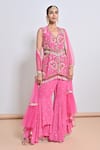 Buy_Keith Gomes_Pink Georgette, Net Beads, Mirrors, Embroidery V-neck And Tunic Gharara Set _at_Aza_Fashions