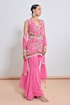 Keith Gomes_Pink Georgette, Net Beads, Mirrors, Embroidery V-neck And Tunic Gharara Set _Online_at_Aza_Fashions