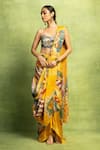 Buy_Vedika M_Yellow Tissue, Silk Sequins, Abstract Print Pre-draped Saree And Blouse Set _at_Aza_Fashions