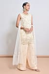 Keith Gomes_Beige Silk Organza, Net Pearls, Sequins, And Cutwork Flower Tunic & Palazzo Set _Online_at_Aza_Fashions