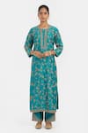 Buy_Kora_Teal Silk, Chanderi Embroidery, Sequins, Beads, Gota Dori Jaal Kurta And Pant _at_Aza_Fashions