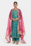 Buy_Kora_Teal Chanderi , Organza Dori Jaal Kurta, Pant And Dupatta Set _at_Aza_Fashions