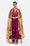 Shop_Kora_Fuchsia Embroidery, Sequins, Beads Round Neck, Silk Chanderi Dori Flared Kurta _Online_at_Aza_Fashions