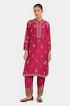 Buy_Kora_Fuchsia Chanderi Silk Embroidery, Sequins, Beads Mandarin Collar Dori Kurta _at_Aza_Fashions