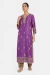 Kora_Purple Chanderi Silk Embroidery, Sequins, Beads Round Neck, Split Dori Kurta _Online_at_Aza_Fashions