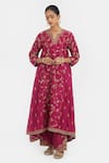 Buy_Kora_Fuchsia Chanderi Silk Embroidery, Beads, Sequins Asymmetric Hem Dori Kurta _at_Aza_Fashions