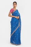 Buy_Kora_Blue Chanderi , Embroidery, Beads, Floral Dori Saree And Blouse Set _Online_at_Aza_Fashions
