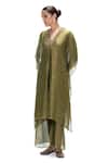 Mimamsaa Olive Green Tissue Embroidery, Sequins Shobhana Handwoven Kaftan With Pant at Aza Fashions Mimamsaa_Olive Green Tissue Embroidery, Sequins Shobhana Handwoven Kaftan With Pant _at_Aza_Fashions