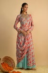 Buy_RAYASHA KHAN_Blue Georgette, Silk, Chiffon Magic Floral Printed Draped Kurta And Gharara Set _at_Aza_Fashions