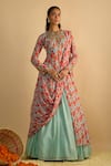 Shop_RAYASHA KHAN_Blue Georgette, Silk, Chiffon Dancer Floral Printed Draped Kurta And Lehenga Set _Online_at_Aza_Fashions