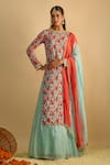 Buy_RAYASHA KHAN_Blue Georgette, Silk, Chiffon, Organza Petunias Floral Printed Kurta Lehenga Set _at_Aza_Fashions